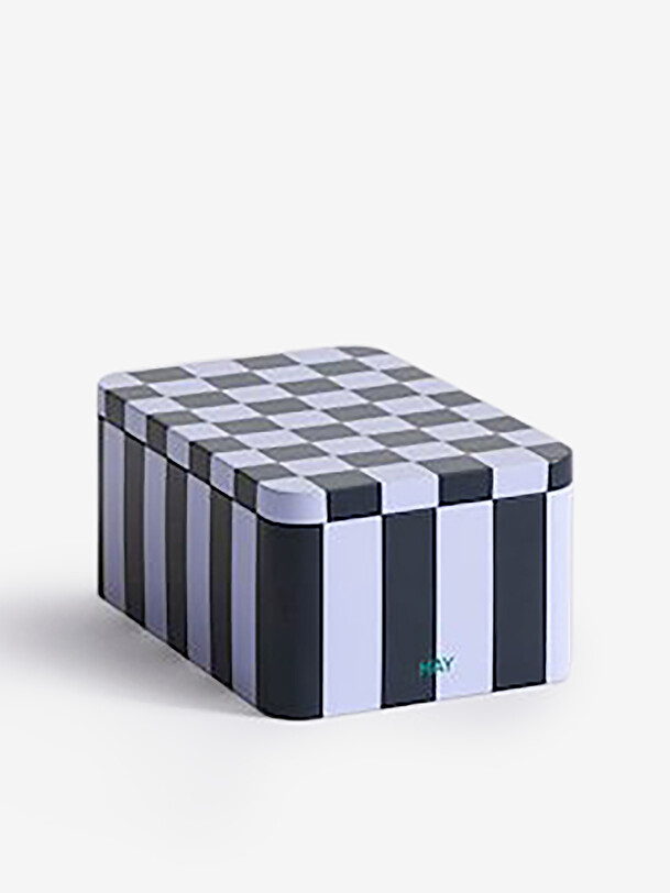 boîte en métal noir et blanc multicolore
