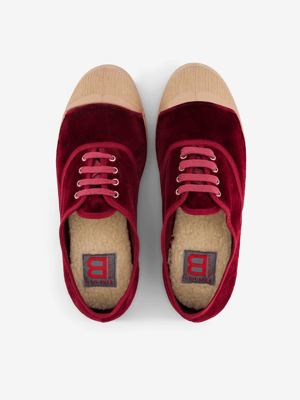 femmes lacets baskets en velours bordeaux